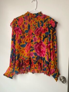 NWT Anthropology Farm Rio Floral Dream Smocked Mock Neck Ruffle Blouse Yellow S
